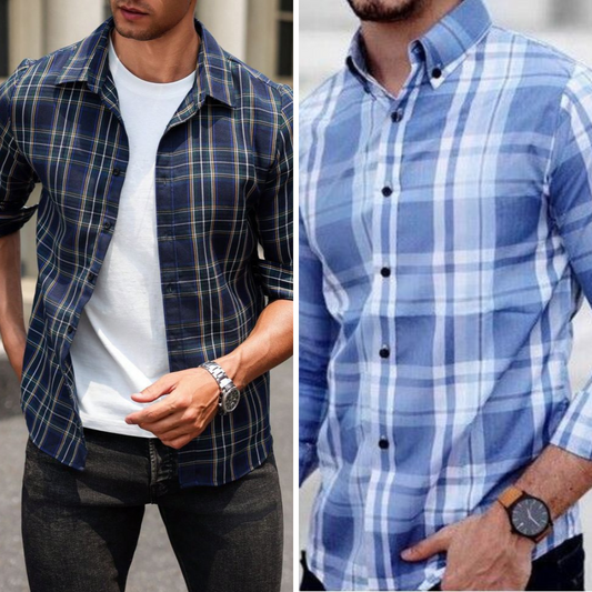 Grey & Blue Check Shirts For Men (Pack of 2)